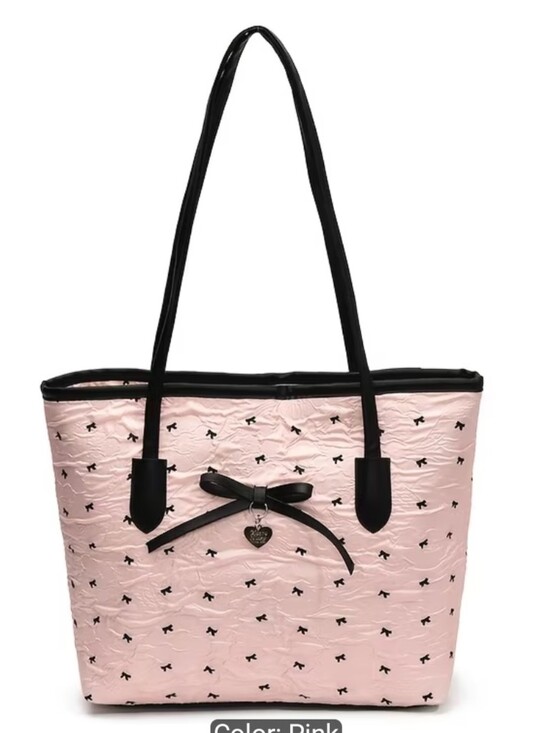 No Label Handbags - Women's Pink Tote Bag with Black Trim and Bows